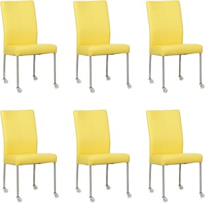 Set van 6 Felgele leren moderne eetkamerstoelen Comfort - poot rond rvs met wiel - Hermes Leer Yellow (felgeel leer)