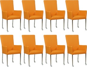 Set van 8 Oranje leren moderne eetkamerstoelen Deal - met armleuning poot vierkant rvs met wiel - Toledo Leer Mandarin (oranje leer)