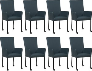 Set van 8 Blauwe leren moderne eetkamerstoelen Deal - met armleuning poot vierkant zwart met wiel - Toledo Leer Marine (blauw leer)