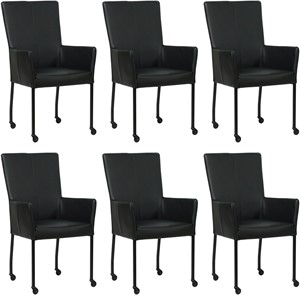 Set van 6 Zwarte leren moderne eetkamerstoelen Deal - met armleuning poot vierkant zwart met wiel - Hermes Leer Nero (zwart leer)