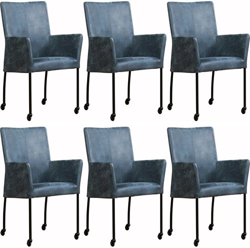Leren eetkamerstoel Comfort - met wieltjes en armleuning - set 6 stoelen - Rancho Leer Moro - Vorm poot vierkant - Kleur poot, zwart - Skate wiel zwart ShopX