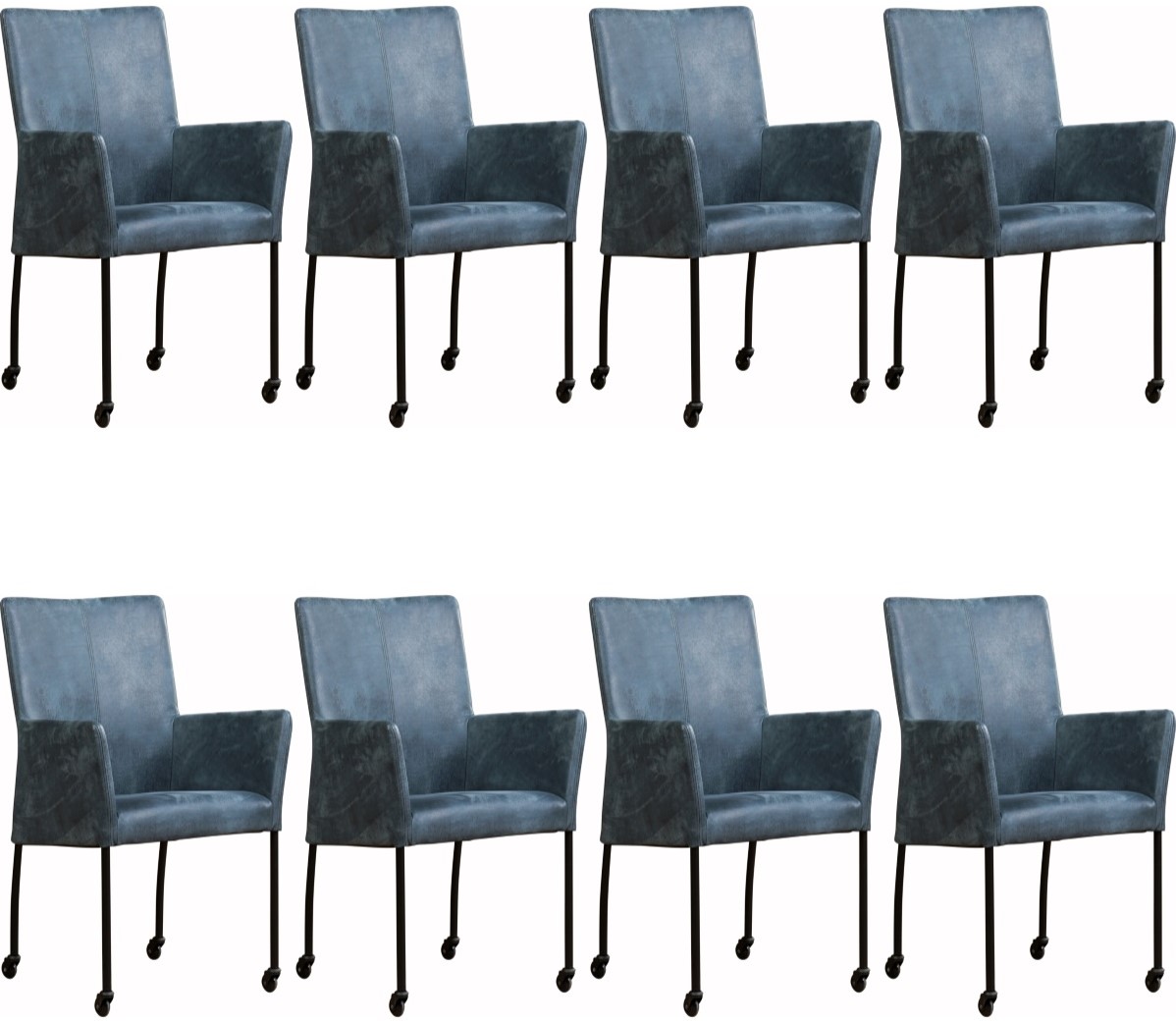 Peer Kerel Abnormaal Leren eetkamerstoel Comfort - met wieltjes en armleuning - set van 8 stoelen  - Rancho Leer Steel - Vorm poot rond - Kleur poot, RVS - Skate wiel  transparant ShopX
