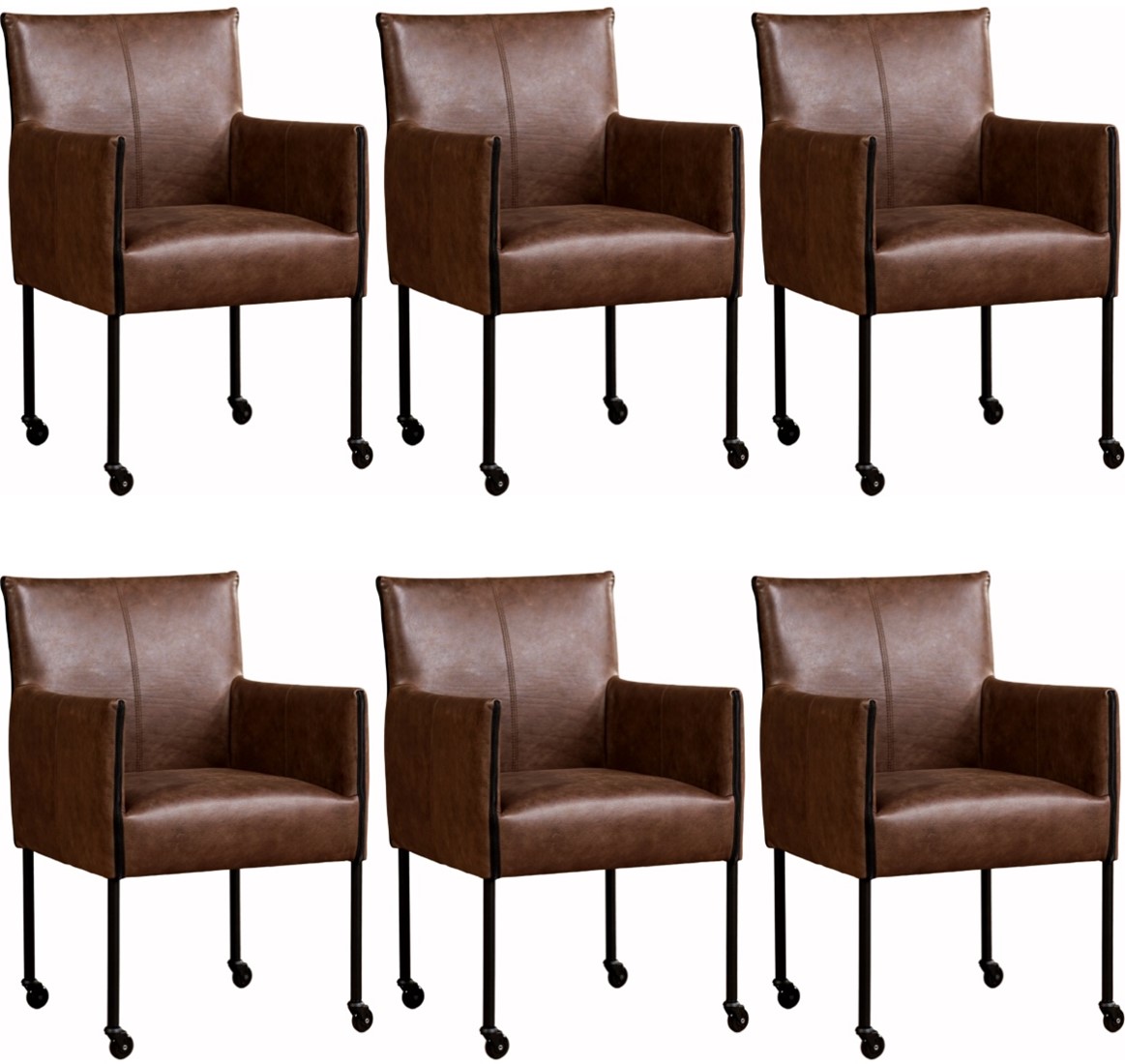Leren eetkamerstoel More - met wieltjes - set van stoelen - Granada leer Cognac - Kleur poot, RVS - Skate wiel transparant ShopX