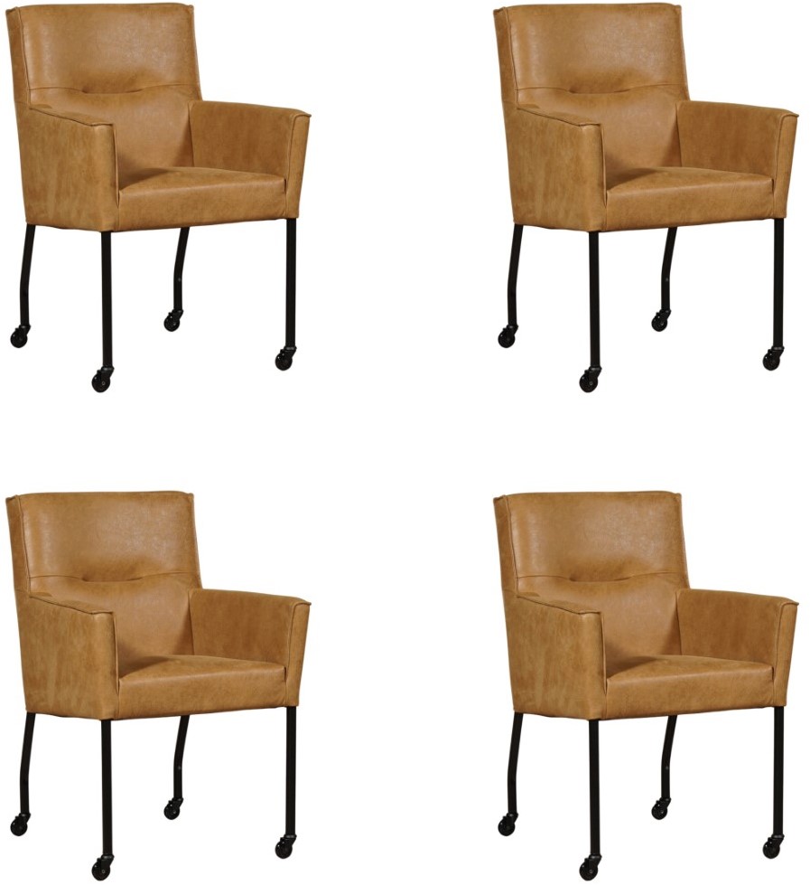 Leren Lucky - met wieltjes armleuning - set van 4 stoelen - Toledo Leer Lime - Kleur poot, zwart - Skate wiel zwart