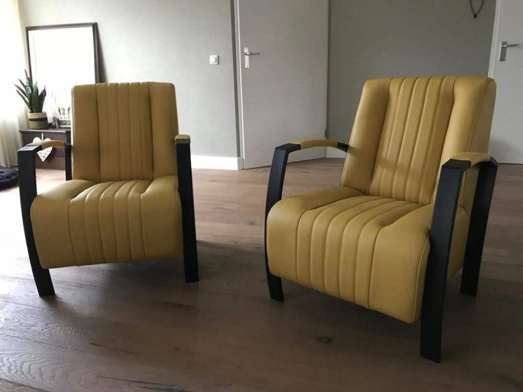 Minst Speciaal meer Set van 2 leren fauteuils met stalen frame - geel leer ShopX