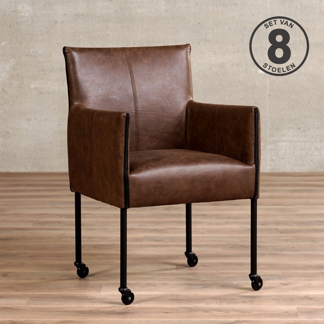 progressief Waarschuwing Dynamiek Leren eetkamerstoel More - met wieltjes - set van 8 stoelen - Vintage Leer  Brown - Kleur poot, zwart - Skate wiel zwart ShopX