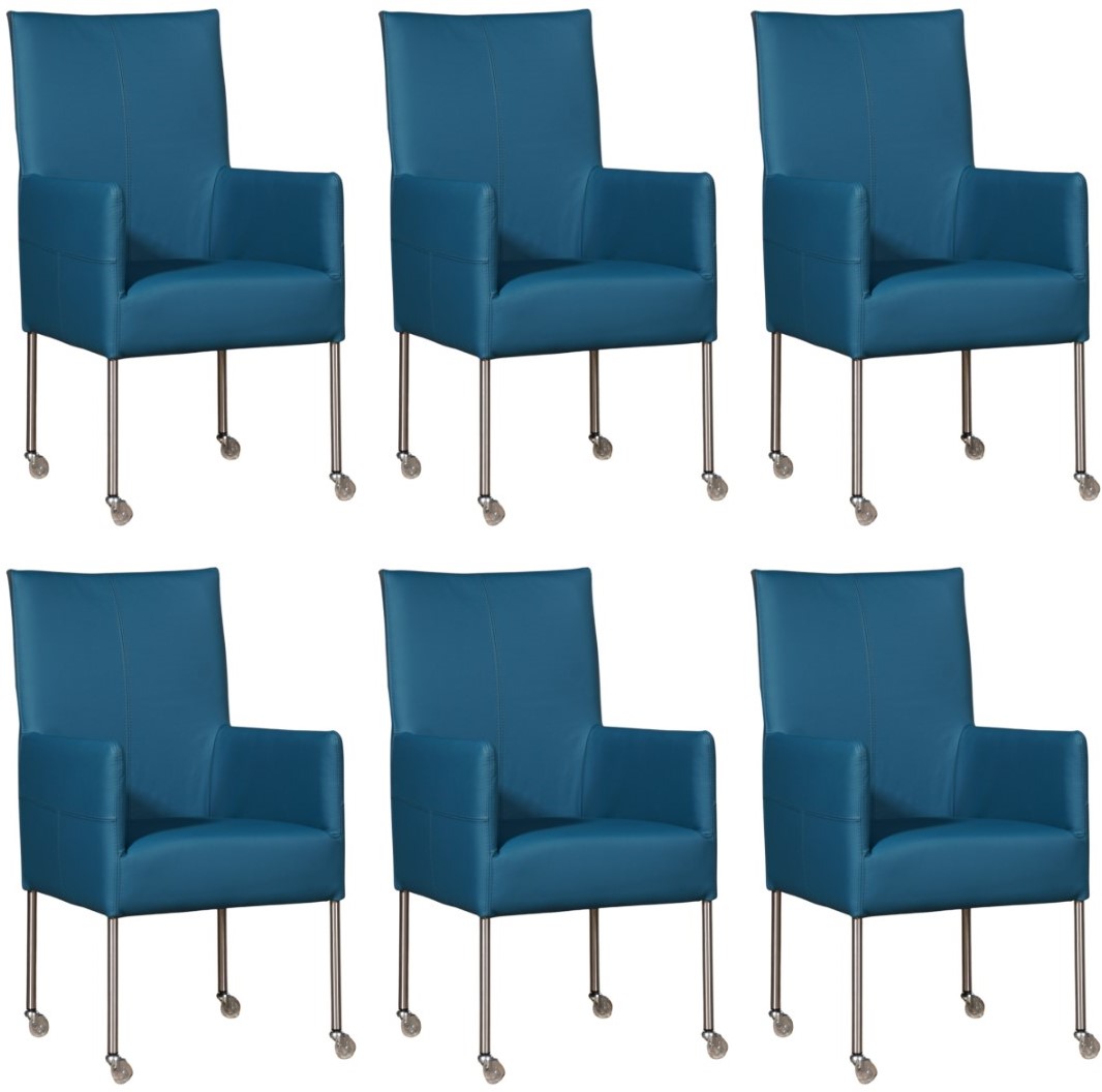 Lief Bedrog caravan Leren eetkamerstoel Spark - met wieltjes - set van 6 stoelen - Toledo Leer  Turquoise - Kleur poot, RVS - Skate wiel transparant ShopX